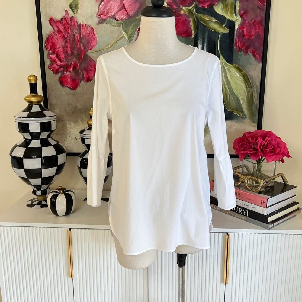 Foxcroft NYC Womens Non Iron Stretch Back Button Bell Sleeve Blouse White Size 6